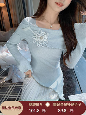 张心子【蓝色冰川湖 】温柔风弹力方领针织衫立体花上衣 U2511034