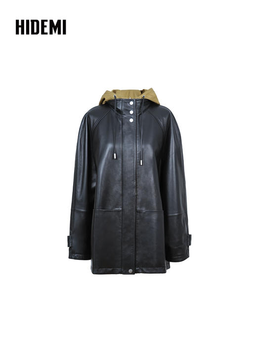 HIDEMI 进口西班牙小羊皮连帽拼接假两件飞行员大衣皮衣外套 黑色拼卡其色 商品图7