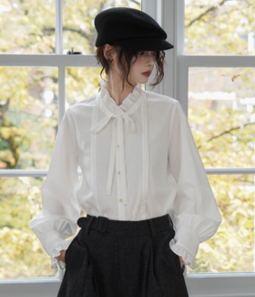 浮生八记/25C182/莱赛尔棉花边立领灯笼袖飘带衬衫