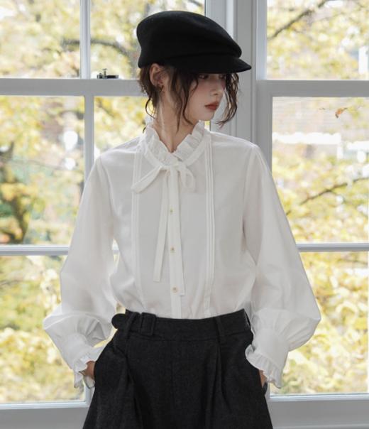 浮生八记/25C182/莱赛尔棉花边立领灯笼袖飘带衬衫 商品图0