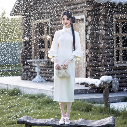 GX时尚改良新中式长款双袖加绒长袖旗袍2025秋冬新款日常旗袍 商品图0