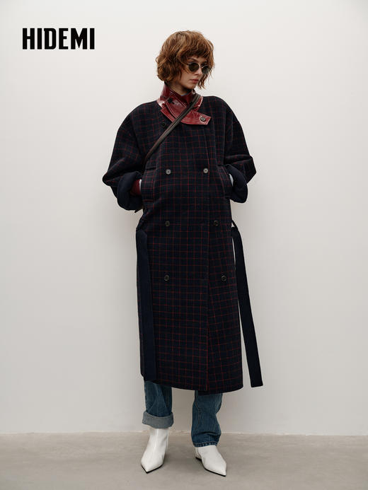 HIDEMI 大秀款进口羊毛格纹撞色拼皮立领双面呢可拆卸腰带加厚长款大衣外套 红蓝格纹 商品图3