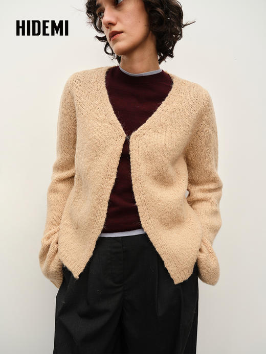 HIDEMI 粗针羊驼毛慵懒系开衫 灰雾紫/米驼色 商品图1