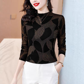 半高领印花网纱长袖打底衫，加绒内搭小衫洋气上衣KQL-B12N2399