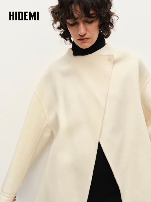 HIDEMI 美利奴羊毛双面呢不对称设计感翻领大衣 乳白色/黑色 商品图2