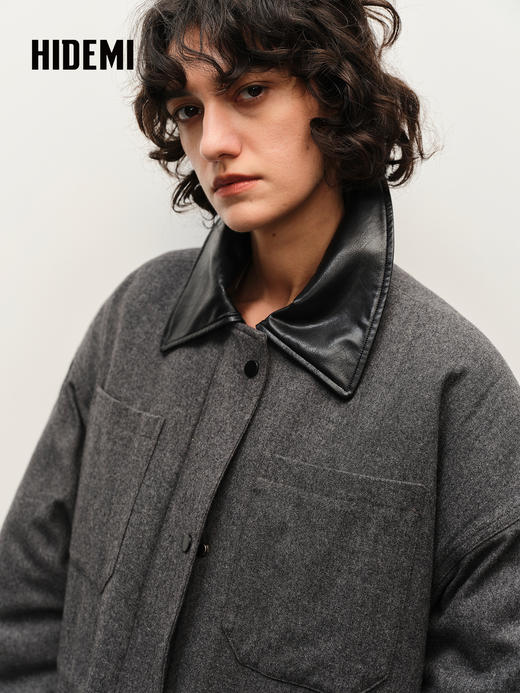 HIDEMI 极简口袋设计感飞行员式皮领拼接大廓形宽松加厚款棉服大衣 商品图4