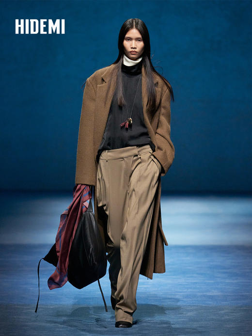 HIDEMI 大秀款进口羊驼毛宽肩腰带加厚长毛长款西装毛呢外套大衣 烟草卡其 商品图0