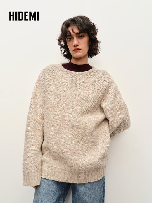 HIDEMI 美利奴羊毛加厚款夹花廓形极简宽松圆领大毛衣 商品图1