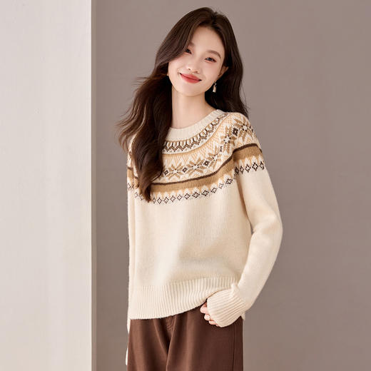 100纯羊毛费尔岛圆领毛衣，厚款慵懒风提花针织打底衫内搭CC-208-1583 商品图2
