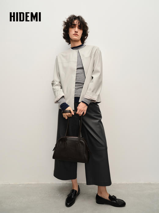 HIDEMI 进口西班牙小羊皮松紧腰阔腿裤九分皮裤 商品图6