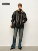 HIDEMI 进口西班牙小羊皮连帽拼接假两件飞行员大衣皮衣外套 黑色拼卡其色 商品缩略图2