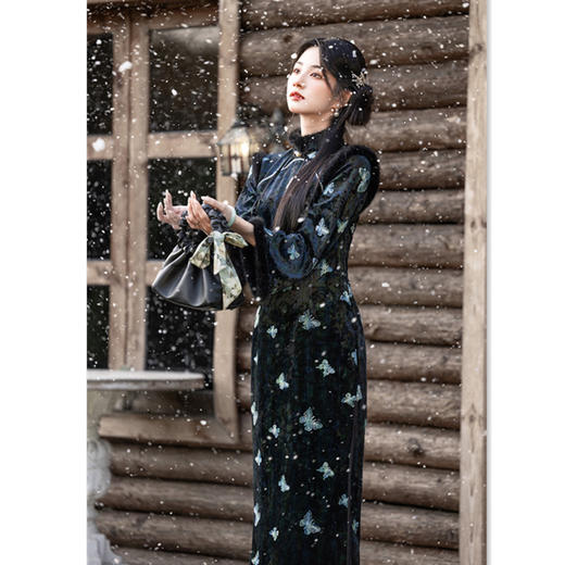 GX时尚改良新中式长款倒大袖少女款旗袍2025秋冬新款加绒长袖旗袍裙 商品图0