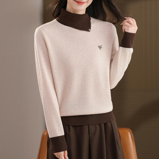 13-68812025年秋冬新款100纯羊毛衫女撞色半高领针织衫气质显瘦打底毛衣 商品图1