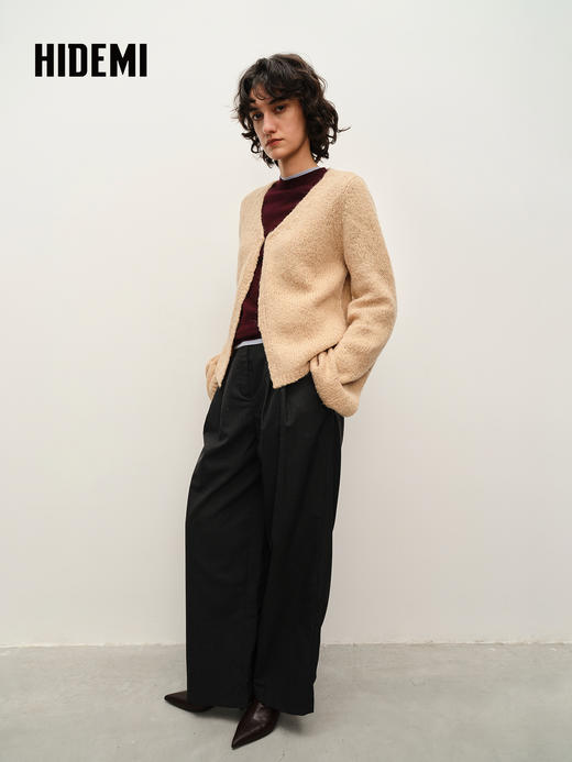 HIDEMI 粗针羊驼毛慵懒系开衫 灰雾紫/米驼色 商品图3