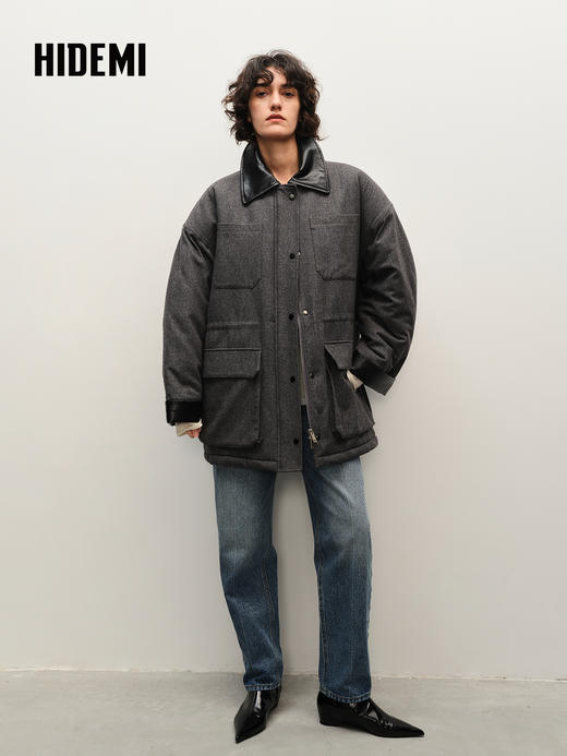 HIDEMI 极简口袋设计感飞行员式皮领拼接大廓形宽松加厚款棉服大衣 商品图2