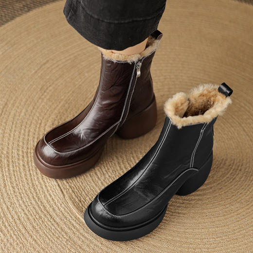【预售5天】秋冬新款时尚百搭真皮羊毛保暖雪地靴粗跟厚底增高跟短靴女TYMXY&7037 商品图4