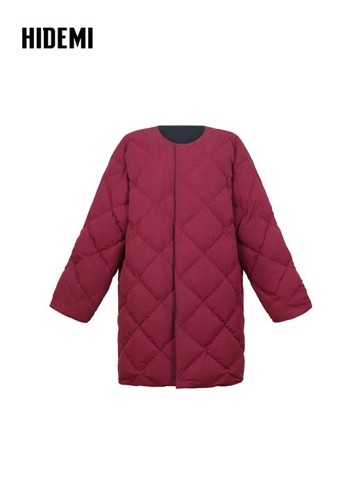 HIDEMI 极简圆领设计感廓形宽松白鹅绒酒红拼接藏蓝色正反两穿口袋加厚款羽绒大衣外套 商品图0