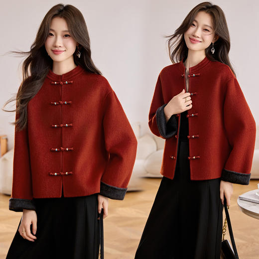 新中式国风复古盘扣毛呢外套，时尚显瘦红色双面羊毛大衣HR-ZYQ25280 商品图0
