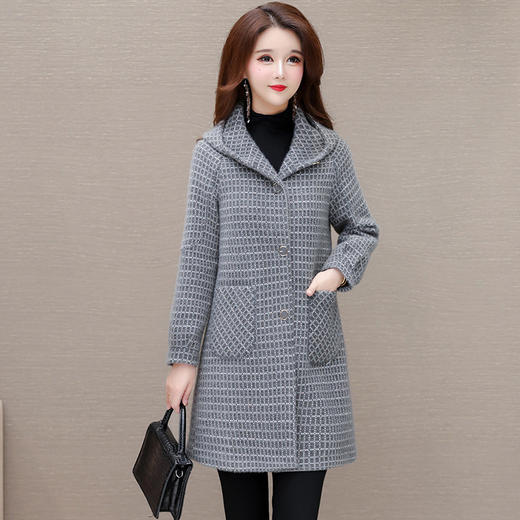 QYM F1869-Y格纹呢子大衣连帽中长款保暖厚款外套 商品图0