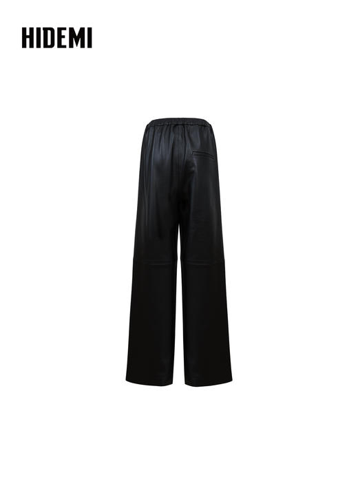HIDEMI 进口西班牙小羊皮松紧腰显瘦阔腿皮裤长款 黑色 商品图7