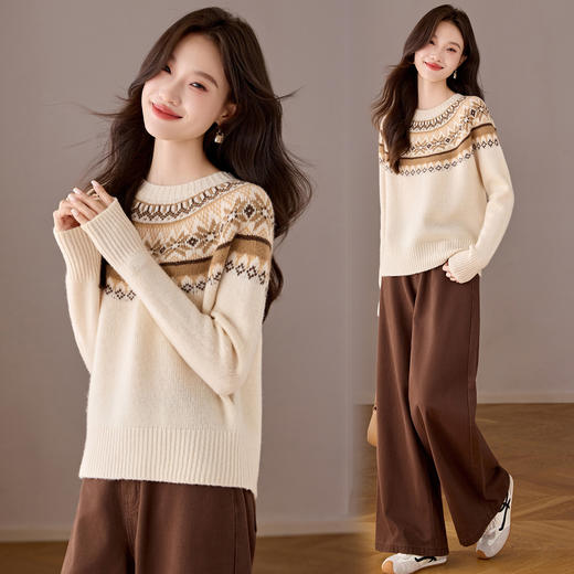 100纯羊毛费尔岛圆领毛衣，厚款慵懒风提花针织打底衫内搭CC-208-1583 商品图0