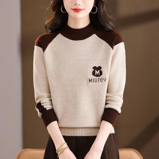 拼色半高领毛衣卡通字母口袋，针织衫显瘦长袖内搭打底衫CC-103-26751 商品图3