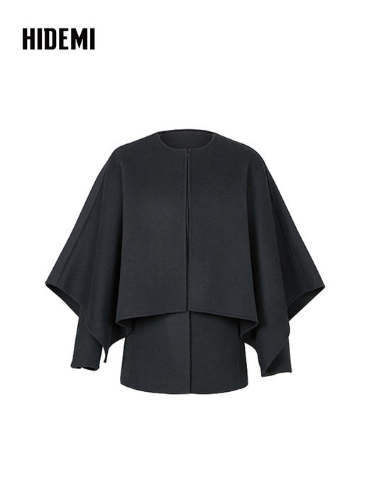 HIDEMI 雾霾灰蓝斗篷两件套式美利奴羊毛双面呢短款大衣 商品图5