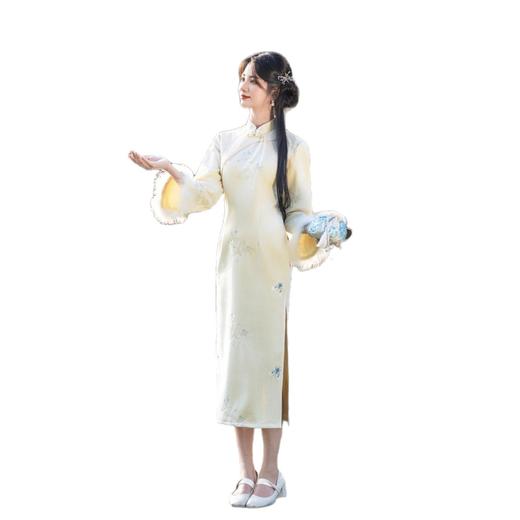 GX麂皮绒绣花长款倒大袖旗袍2025秋冬新款时尚改良年轻款加绒旗袍裙 商品图4