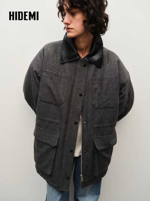 HIDEMI 极简口袋设计感飞行员式皮领拼接大廓形宽松加厚款棉服大衣 商品图3