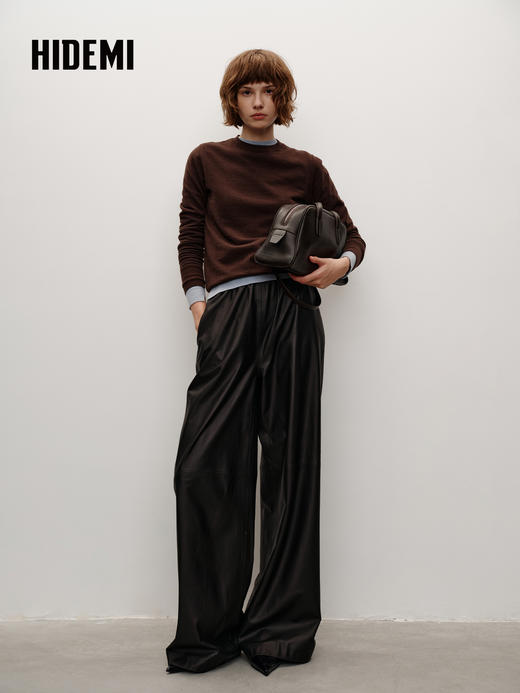 HIDEMI 进口西班牙小羊皮松紧腰显瘦阔腿皮裤长款 黑色 商品图1