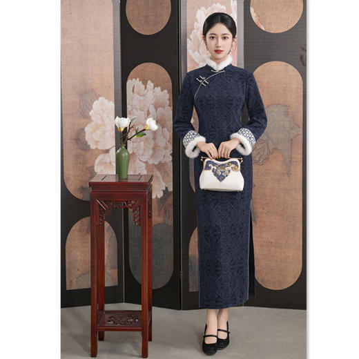 GX加绒色织提花长款高级感旗袍2025秋冬新款复古国风旗袍 商品图1
