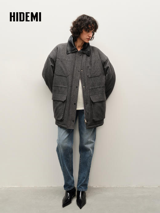HIDEMI 极简口袋设计感飞行员式皮领拼接大廓形宽松加厚款棉服大衣 商品图0