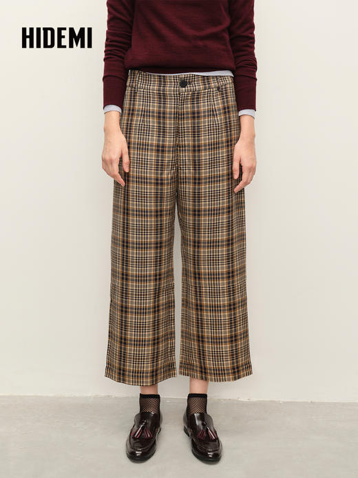 HIDEMI色织格纹九分裤复古格子日常气质直筒休闲裤宽松阔腿裤 商品图0