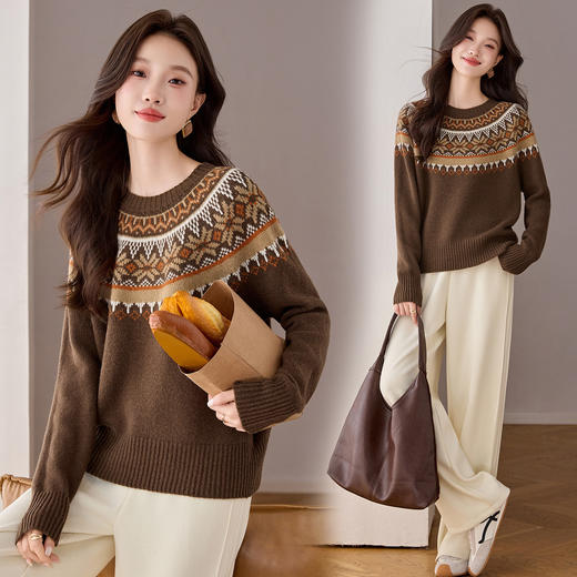 100纯羊毛费尔岛圆领毛衣，厚款慵懒风提花针织打底衫内搭CC-208-1583 商品图1