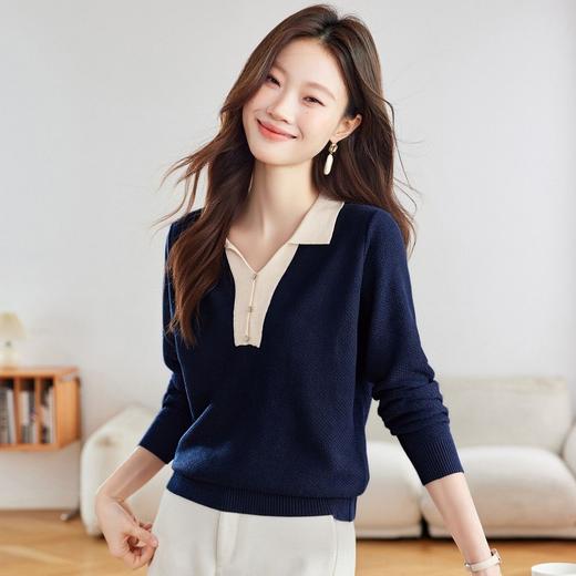 翻领撞色假两件针织衫，长袖洋气减龄打底衫上衣CC-53-671-2 商品图2