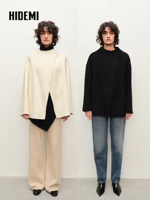 HIDEMI 美利奴羊毛双面呢不对称设计感翻领大衣 乳白色/黑色 商品图0