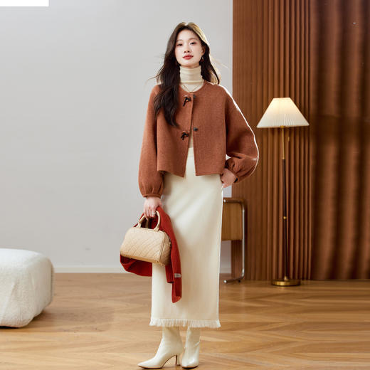 红色轻奢显瘦双面呢羊毛大衣，小香风毛呢短外套HR-ZYIF2637 商品图1