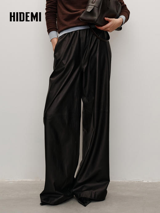 HIDEMI 进口西班牙小羊皮松紧腰显瘦阔腿皮裤长款 黑色 商品图0