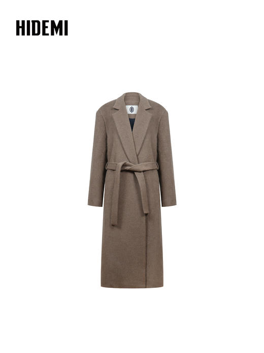 HIDEMI 大秀款进口羊驼毛宽肩腰带加厚长毛长款西装毛呢外套大衣 烟草卡其 商品图3