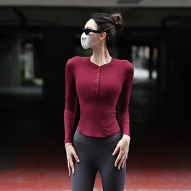 Beemen秋冬新款天丝莫代尔瑜伽服女 圆领纽扣长袖 贴身收腰外穿好看 透气高弹运动上衣