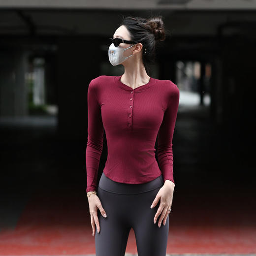 Beemen秋冬新款天丝莫代尔瑜伽服女 圆领纽扣长袖 贴身收腰外穿好看 透气高弹运动上衣 商品图0