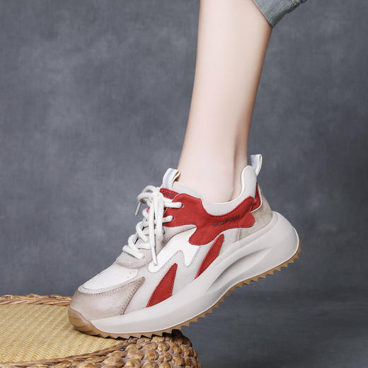 吉树热销2025真皮休闲运动鞋系带女鞋头层牛皮厚底拼色单鞋四季鞋 商品图3