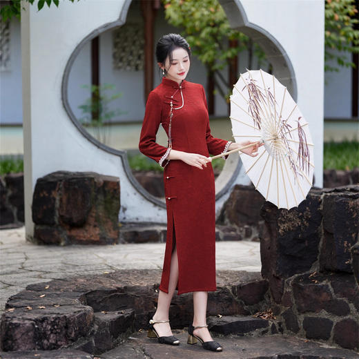 GX复古中国风长款九分袖旗袍2025秋冬新款改良中式年轻款修身旗袍裙 商品图3