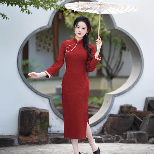 GX复古中国风长款九分袖旗袍2025秋冬新款改良中式年轻款修身旗袍裙 商品图2