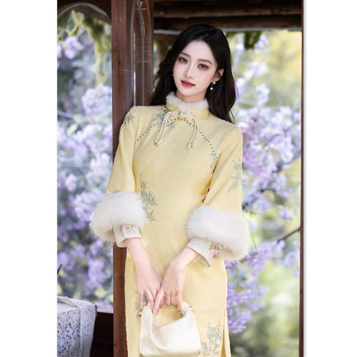 GX时尚年轻少女款水貂毛绣花超柔倒大袖旗袍2025秋冬新款日常旗袍裙 商品图0