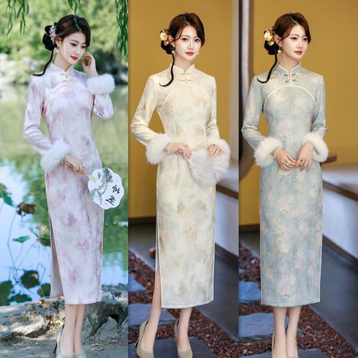 GX复古中国风长款毛袖旗袍2025秋冬新款时尚改良年轻少女款日常旗袍 商品图0