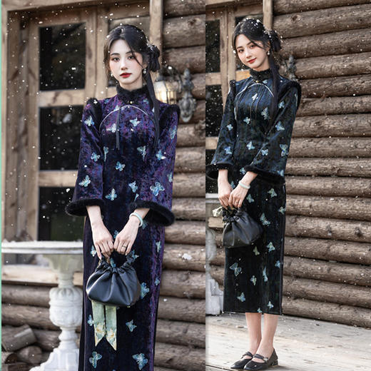 GX时尚改良新中式长款倒大袖少女款旗袍2025秋冬新款加绒长袖旗袍裙 商品图3