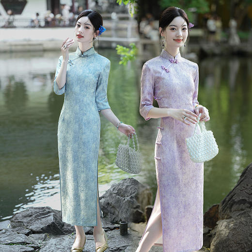 SC21931紫色国风中式长款秋季长袖旗袍改良年轻款2025新款女复古修身收腰 商品图0