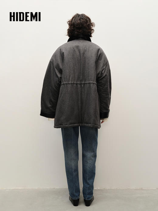 HIDEMI 极简口袋设计感飞行员式皮领拼接大廓形宽松加厚款棉服大衣 商品图5