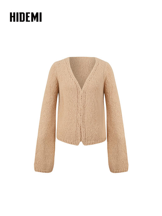 HIDEMI 粗针羊驼毛慵懒系开衫 灰雾紫/米驼色 商品图5